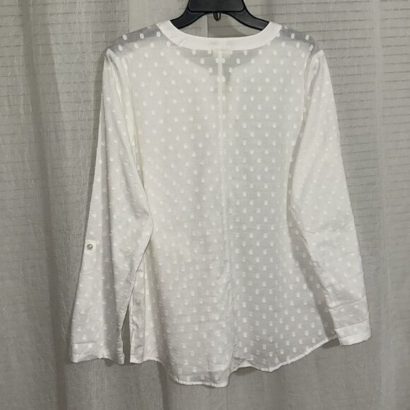 Van Heusen L White Cotton Swiss Dot Long Tab Roll up Sleeve V-Neck Top - Picture 2 of 14